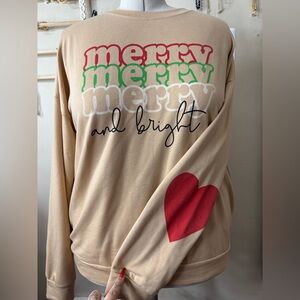Christmas Long Sleeve Shirt Merry Merry Merry and Bright with Heart Sleeve 2XL